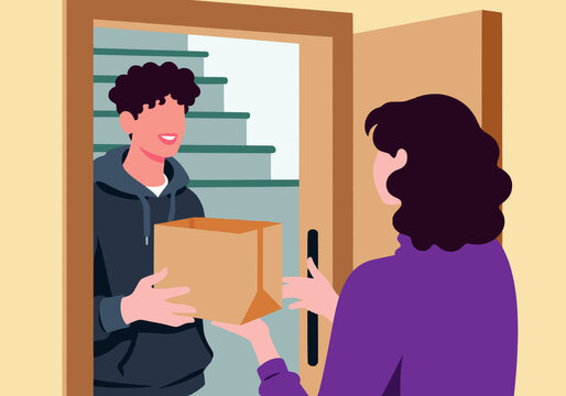 Illustration of a man delivering a package to someone at the door, stairs visible in the background.