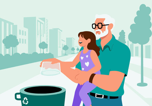 Illustration of an elderly man, grandfather, helping a young girl, granddaughter, recycle a plastic container in an urban setting.