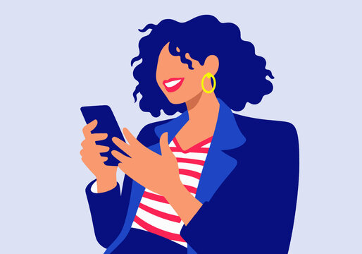 Illustration of a stylish woman with curly hair using smartphone, smiling in casual outfit.