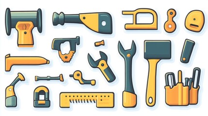 Obraz premium A set of modern stock icons in a flat style, depicting isolated building and repair tools such as a drill, hammer, screwdriver, saw, file, putty knife, ruler, helmet, roller, brush, and toolbox