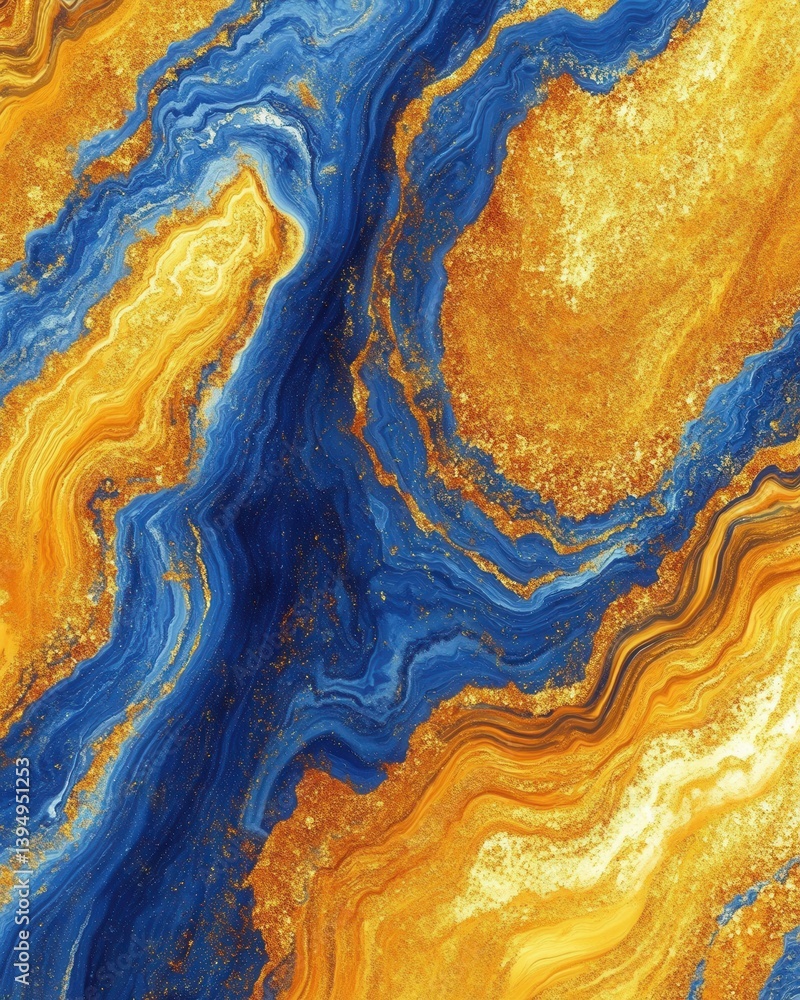 Poster abstract art with gold and blue colors creating a flowing river effect in an elegant and modern desi