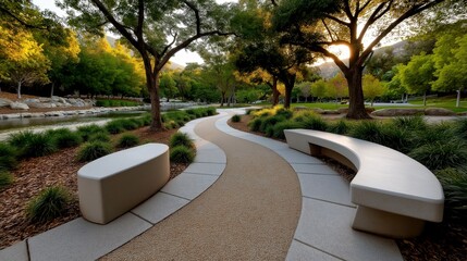 Fototapeta premium Winding pathway along a tranquil riverbank with lush greenery and warm sunset glow Generative AI