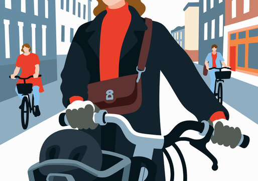 Illustration of three people ride bicycles down a city street with buildings on both sides.