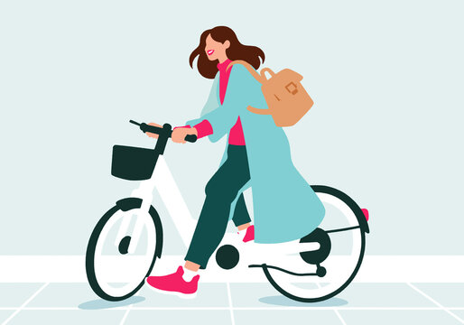Illustration of a woman in stylish outfit riding a bicycle with a backpack in an urban setting.