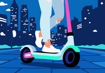 Illustration of a person riding a modern electric scooter in a vibrant urban cityscape at night.
