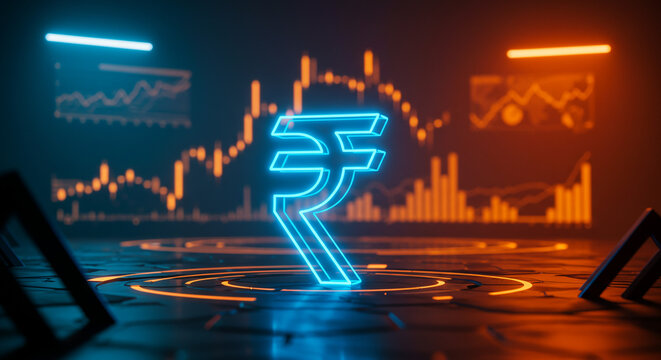 Illustration Depicting the Upward Trend of India’s Economy with the Indian Rupee Gaining Value, Stock Market Graph Climbing, and Gold Coins Symbolizing Wealth
