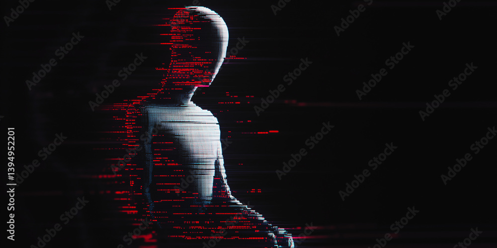 Aufkleber cybernetic echo: a hauntingly sleek, anonymous android figure is immersed in a shadowy digital realm