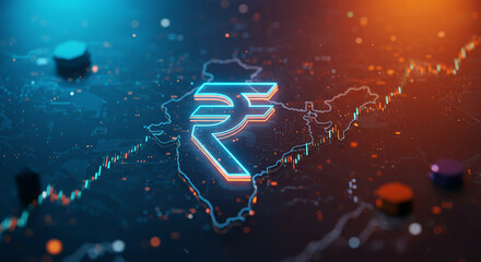 Concept Art Representing India’s Financial Development with a Strengthening Rupee, Increasing Investment Returns on Stock Graph, and Gold Coin Accumulation