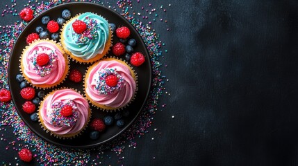 Fototapeta premium Delicious Cupcakes with Colorful Frosting and Berries on a Dark Plate with Sprinkles for a Sweet Celebration