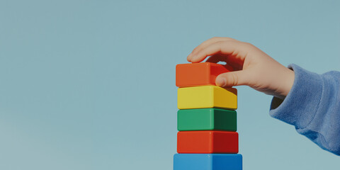 Building Dreams: A child's tiny hand carefully places a colorful block atop a tower of vibrant blocks, constructing a foundation for endless possibilities.