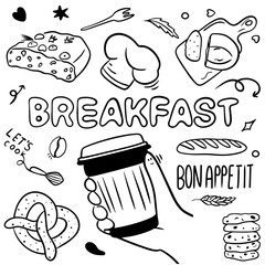 Breakfast food, doodle illustration, vector 