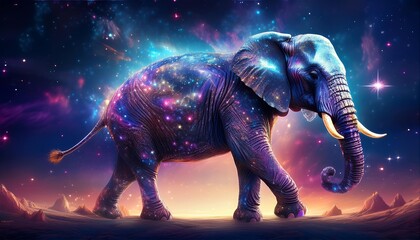 Fototapeta premium Majestic elephant walking in a surreal galaxy landscape