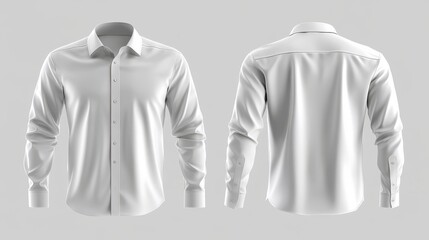 A 3D rendered mockup of an empty white short-sleeve button-down shirt, featuring both front and back views. This isolated cotton shirt with a pocket is ideal for dress code templates