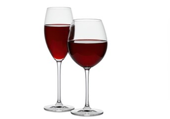 Two elegant wine glasses with red wine, one tall and slim, the other wide and round, isolated on white background