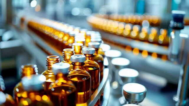 Pharmaceutical vials on production conveyor, ideal for medical, vaccine, biotechnology, health industry and scientific innovation.