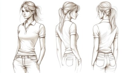 A contemporary illustration template showcasing a technical fashion drawing of a short-sleeved polo shirt, including both front and back views