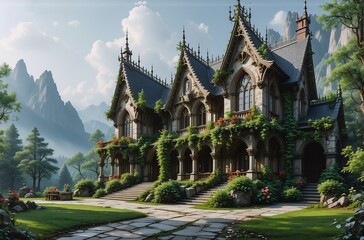 Obraz premium A majestic Gothic Revival mansion nestled in a verdant valley, mountains rising in the background. Ivy climbs its stone walls, adding to its enchanting charm. Sunlight bathes the scene.