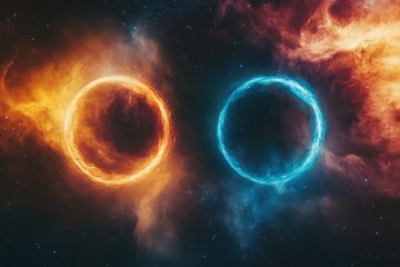 Celestial rings of blue and orange light in the vast cosmos display cosmic energy