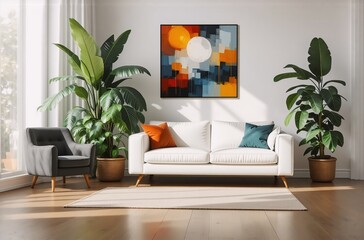 Sunlit living room with white sofa, large potted plants flanking an abstract painting featuring sun and geometric shapes.  Warm, minimalist interior design.