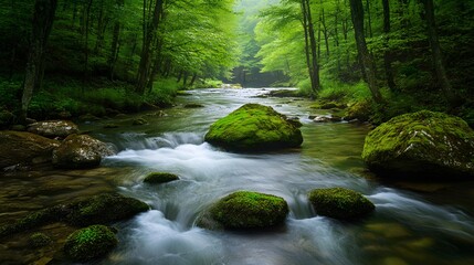 Serene Mossy River in Lush Green Forest
