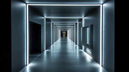 A contemporary hallway with artistic installations and smart lighting 