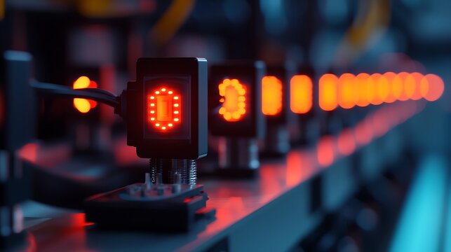 Abstract close-up of digital display screens illuminated in red tones with glowing numerical readouts in a technology-focused environment