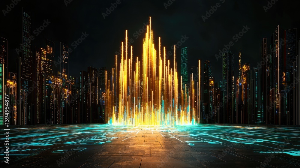 Poster a cyber-inspired world map design with abstract data waves and a glowing blue grid.