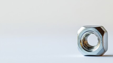 A detailed image of a chromed steel nut, isolated against a white background, symbolizing crucial hardware elements such as nuts and bolts