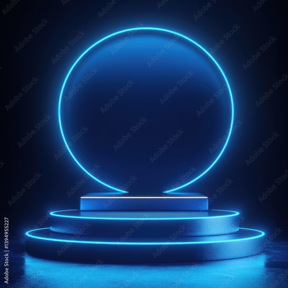 Poster futuristic blue neon podium with circle backdrop on reflective surface creating a modern and vibrant