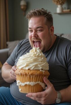 Hombre obeso saboreando un enorme cupcake con glaseado