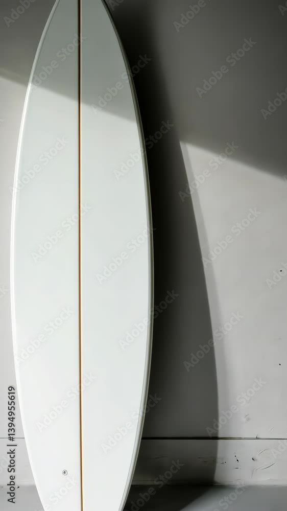 Poster surfboard leaning against the wall with soft light creating shadows in a minimalist indoor setting