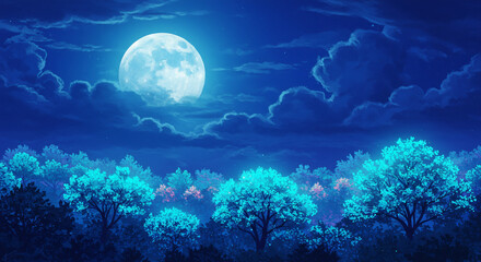 Fantasy Scene with Giant Moon and Bioluminescent Trees Under Deep Blue Sky