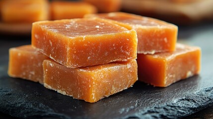 Golden caramel squares stacked on a slate plate