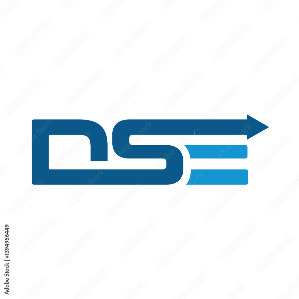 Poster this is a simple flat design of an initial letter dse in blue color with an arrow that indicated spe
