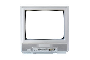 Old silver TV isolated on white background. Retro technology concept. Blank screen for text.Vintage...