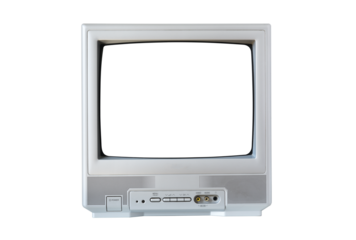 Old silver TV isolated on white background. Retro technology concept. Blank screen for text.Vintage TVs 1980s 1990s 2000s. 