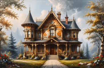 Obraz premium A majestic Victorian-style mansion, adorned with intricate detailing, sits serenely amidst a lush landscape, bathed in soft sunlight. The scene evokes a sense of peace and timeless elegance.