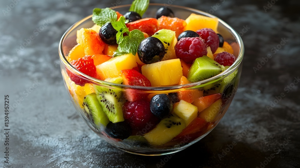 Poster refreshing and colorful fruit salad artfully arranged in a clear glass bowl showcasing an array of f