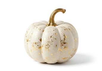 Decorative white pumpkin with gold speckles and curved stem on white background
