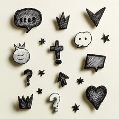 Black and White Hand Drawn Symbols and Icons on Beige Background