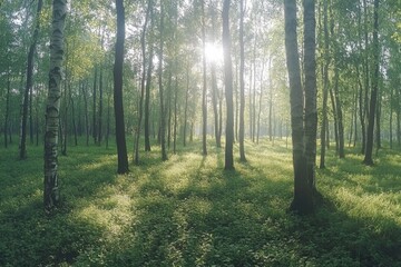 Obraz premium Serene Birch Forest Bathed in Sunlight Green Clover Ground Cover Tranquil Woodland Scene Natural Light Tall Trees Scenic Beauty Summer Day Nature Photography