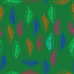 Seamless doodle  colored  palm leaves. Hand drawn.