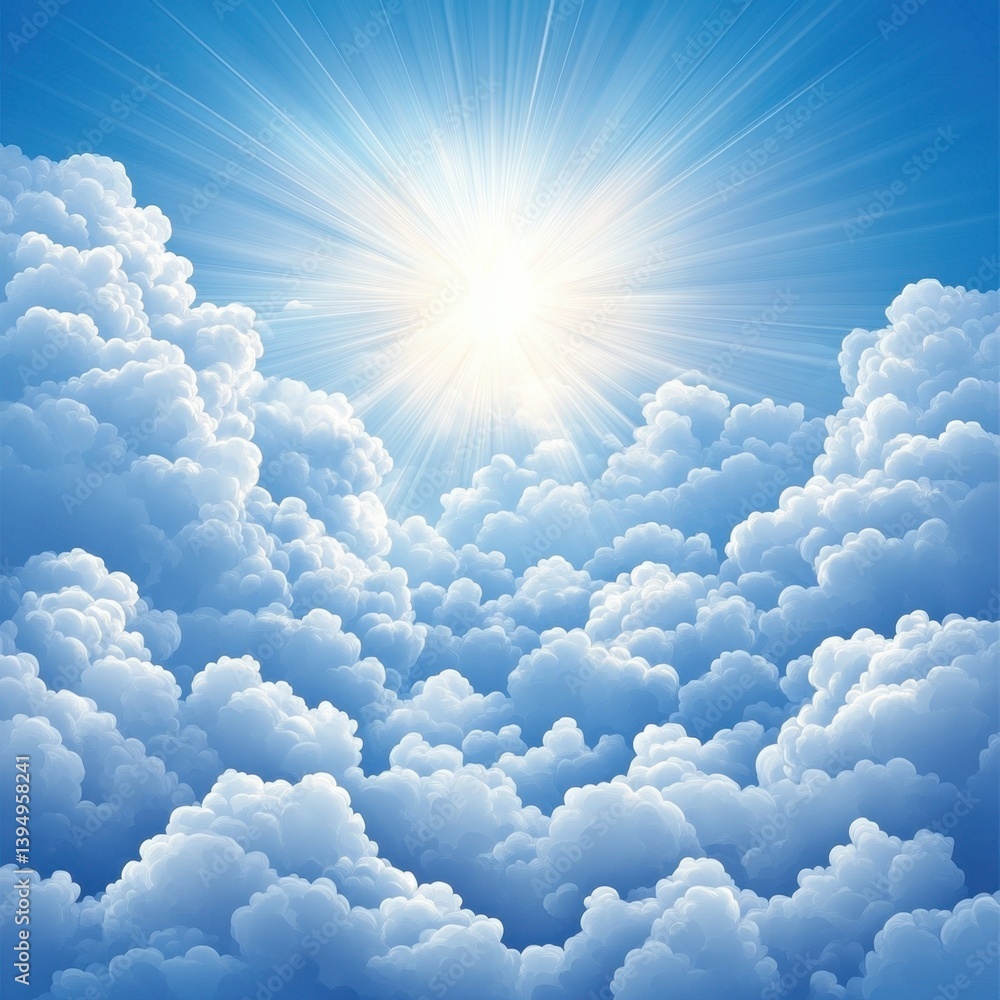 Aufkleber ethereal sky panorama with fluffy clouds and radiant sunlight creating a serene and peaceful atmosph