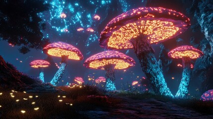 Fototapeta premium Enchanted Forest with Luminous Mushrooms in a Mystical Landscape Under Starry Sky Featuring Vibrant Colors and Ethereal Atmosphere