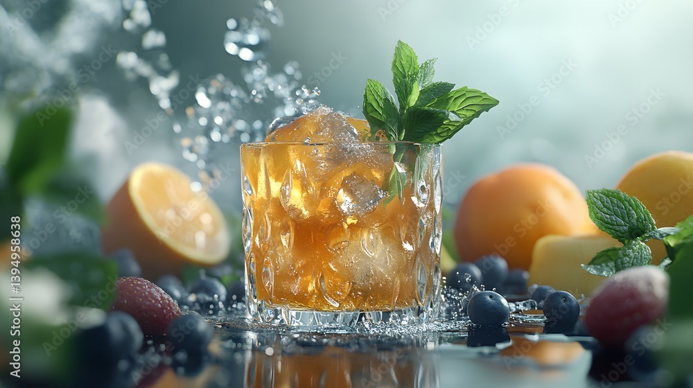 Aufkleber freshly squeezed juice in a clear glass with fruit and ice creating a refreshing beverage experience