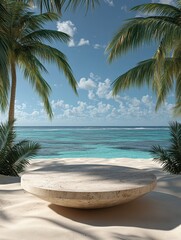 Tropical beach podium with palm trees showcasing product display on sandy shore under blue sky and tranquil ocean