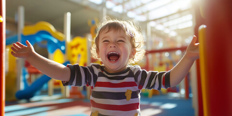 Happy cheerful kids having a blast at indoor play center. Children playing with color balls in playground ball pit.