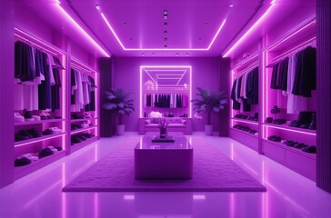 A vibrant purple-lit luxury clothing boutique.  Sleek shelving displays apparel and footwear.  Neon lighting accentuates the modern interior design and plush carpeting.