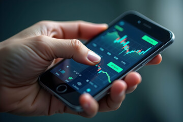Close up of a person using a smartphone app to analyze financial data and stock market trends, displaying charts and information for investment decisions