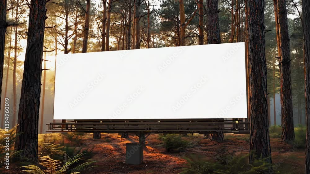 Poster empty billboard stands in serene forest during sunset with warm light filtering through trees